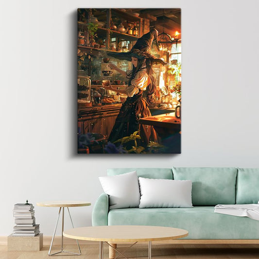 Cadı Kahvesi - Altın Işıltılı Atmosfer Anime Kanvas Tablo