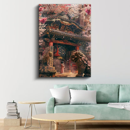 Kiraz Çiçekli Tapınak - Aslan Heykelli Giriş Anime Kanvas Tablo