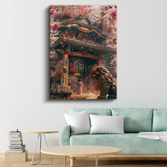 Kiraz Çiçekli Tapınak - Aslan Heykelli Giriş Anime Kanvas Tablo