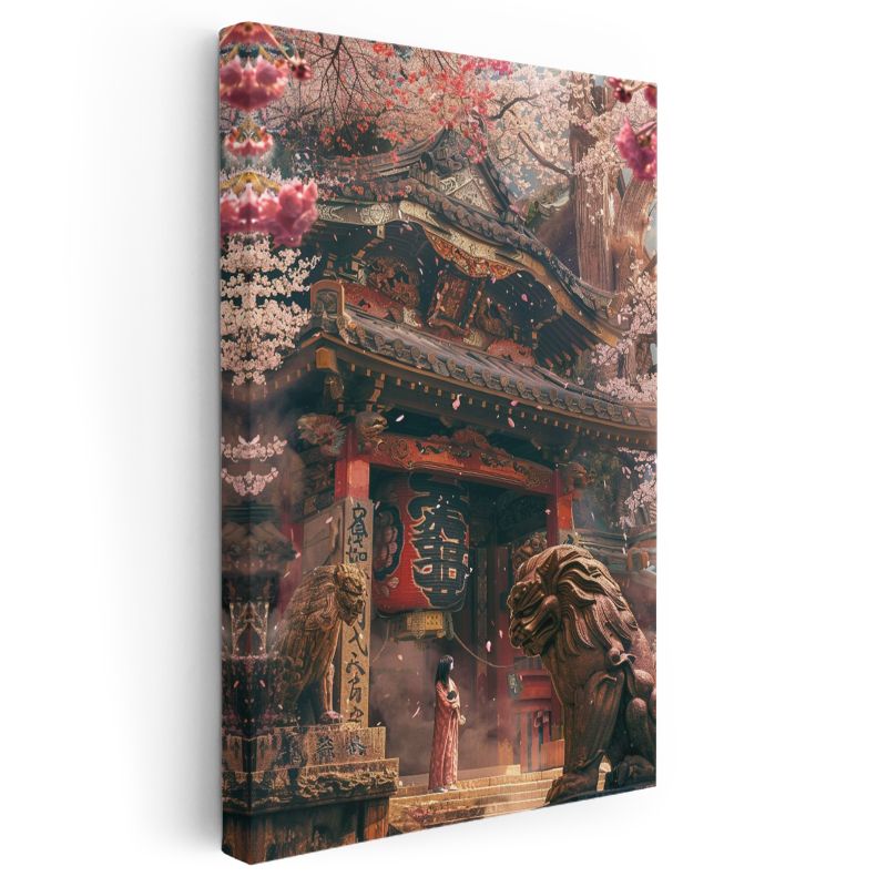 Kiraz Çiçekli Tapınak - Aslan Heykelli Giriş Anime Kanvas Tablo