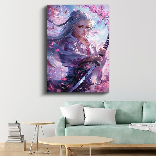 Kiraz Çiçekleri - Beyaz Saçlı Samuray Anime Kanvas Tablo