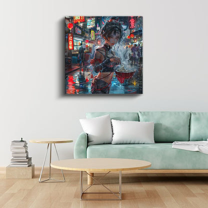Cyberpunk Sokakları - Neon Gece Hayatı Anime Kanvas Tablo