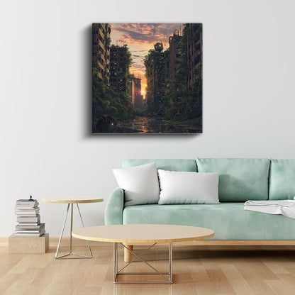Distopik Gün Batımı - Yeşillenen Şehir Anime Kanvas Tablo