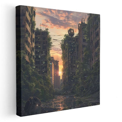 Distopik Gün Batımı - Yeşillenen Şehir Anime Kanvas Tablo