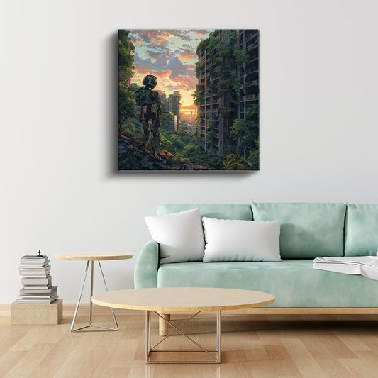Yeşil Distopya - Gün Batımı Şehir Anime Kanvas Tablo