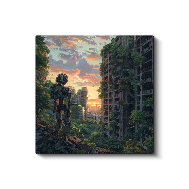 Yeşil Distopya - Gün Batımı Şehir Anime Kanvas Tablo