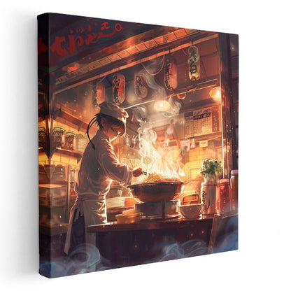 Sokak Yemeği - Alevli Wok Anime Kanvas Tablo
