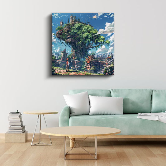 Devasa Ağaç Şehri - Mavi Gökyüzü Anime Kanvas Tablo