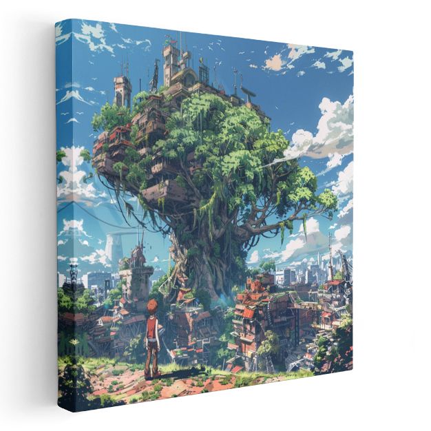 Devasa Ağaç Şehri - Mavi Gökyüzü Anime Kanvas Tablo