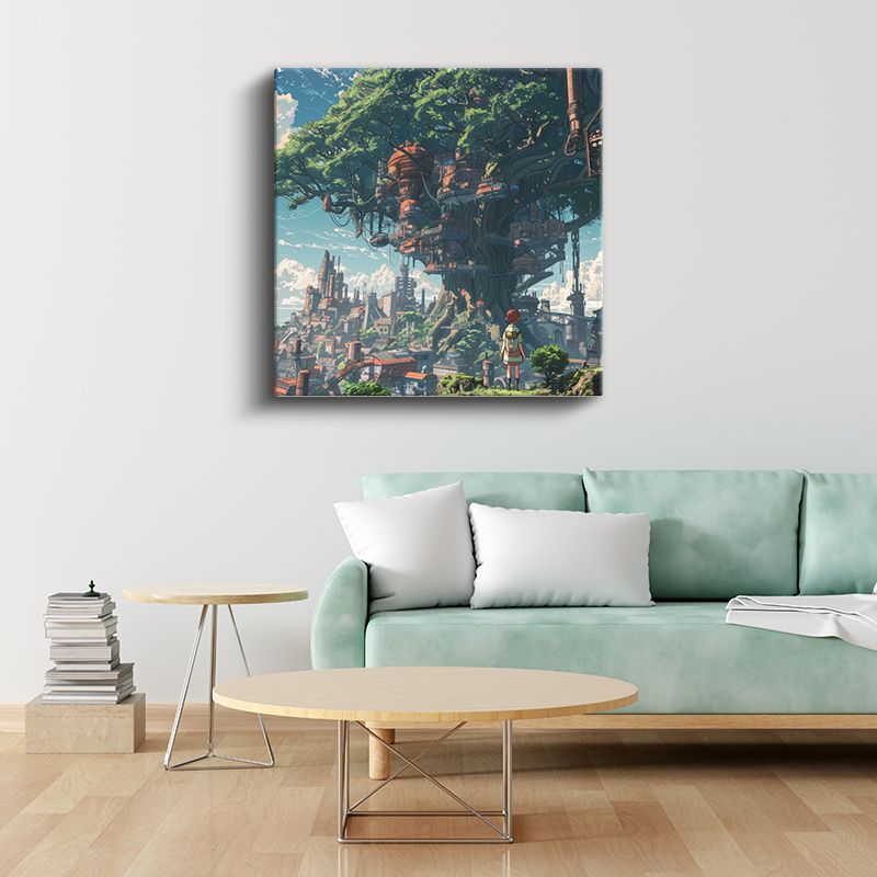 Devasa Ağaç Şehri - Mavi Gökyüzü Anime Kanvas Tablo