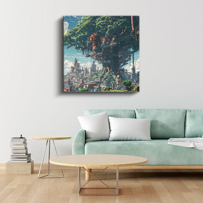 Devasa Ağaç Şehri - Mavi Gökyüzü Anime Kanvas Tablo