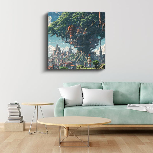 Devasa Ağaç Şehri - Mavi Gökyüzü Anime Kanvas Tablo