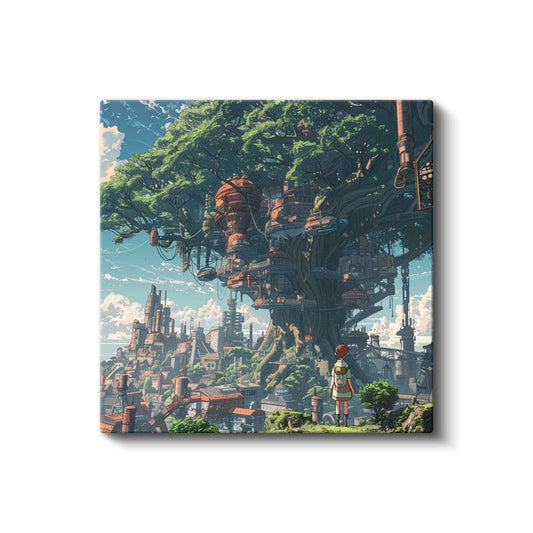 Devasa Ağaç Şehri - Mavi Gökyüzü Anime Kanvas Tablo