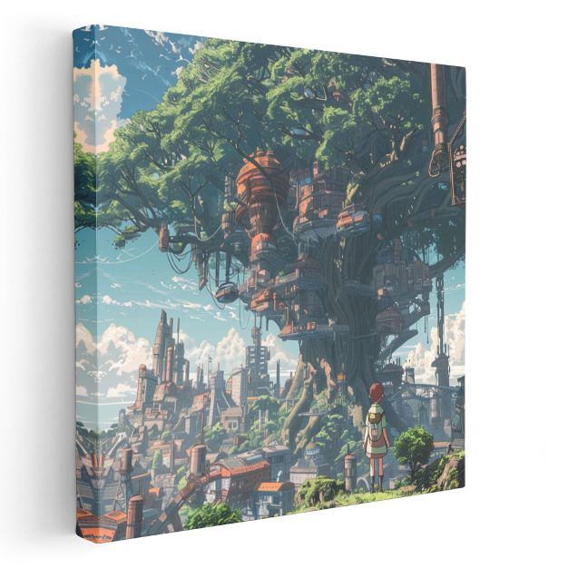 Devasa Ağaç Şehri - Mavi Gökyüzü Anime Kanvas Tablo