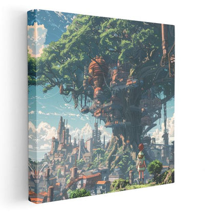 Devasa Ağaç Şehri - Mavi Gökyüzü Anime Kanvas Tablo