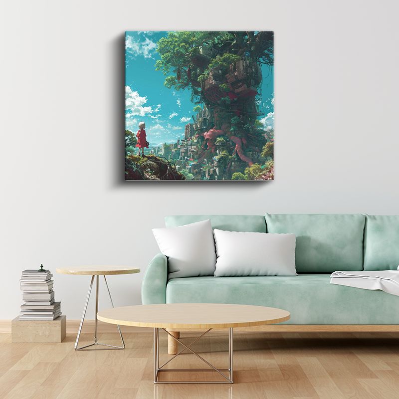 Yeşil Şehir - Kırmızı Elbise Anime Kanvas Tablo