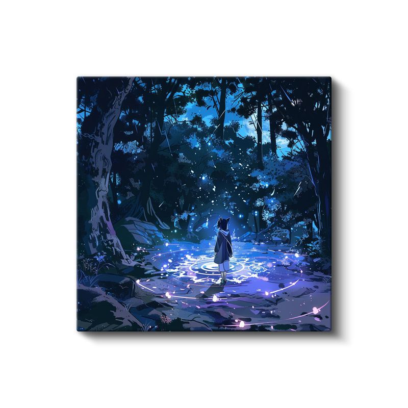 Gece Ormanı - Mavi Işık Dairesi Anime Kanvas Tablo