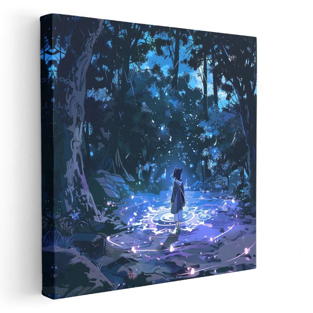 Gece Ormanı - Mavi Işık Dairesi Anime Kanvas Tablo