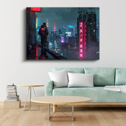 Neon Şehir - Yağmurlu Gece Anime Kanvas Tablo