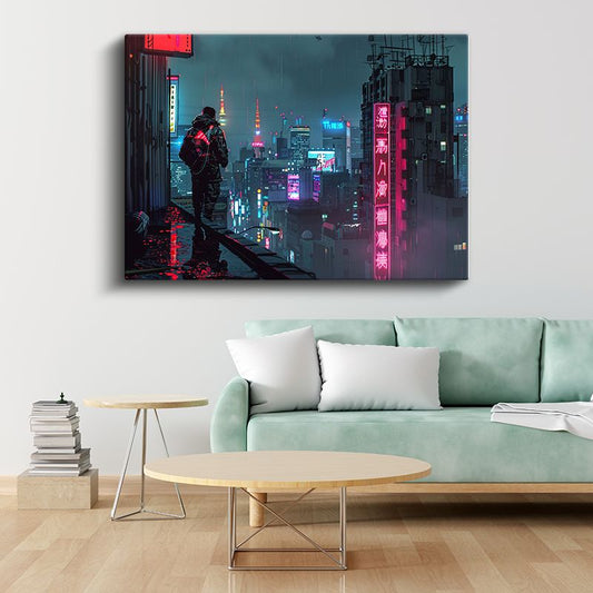 Neon Şehir - Yağmurlu Gece Anime Kanvas Tablo