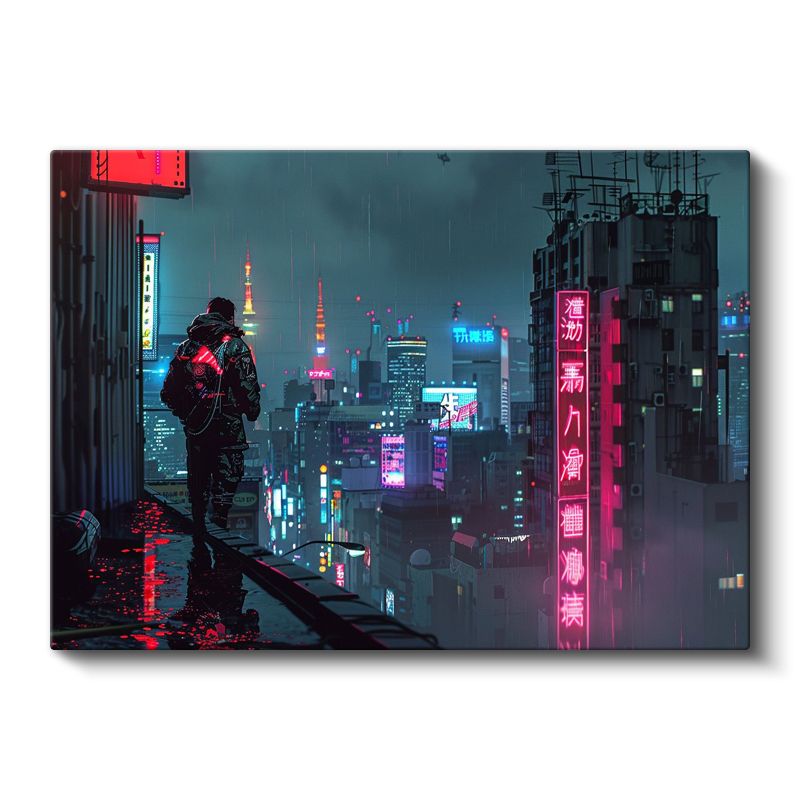 Neon Şehir - Yağmurlu Gece Anime Kanvas Tablo