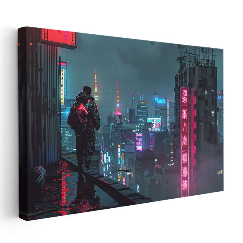 Neon Şehir - Yağmurlu Gece Anime Kanvas Tablo