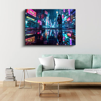 Neon Sokaklar - Yağmurlu Gece Anime Kanvas Tablo