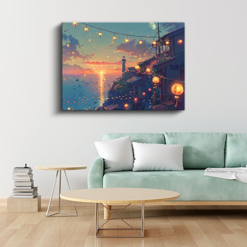 Deniz Feneri - Turuncu Günbatımı Anime Kanvas Tablo