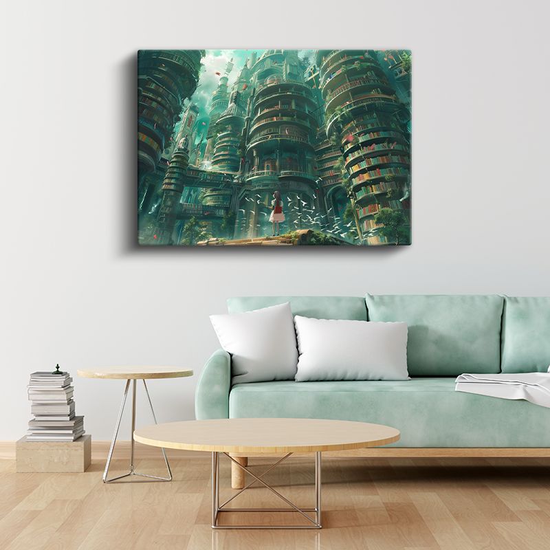 Kitap Kuleleri - Yeşil Şehir Anime Kanvas Tablo