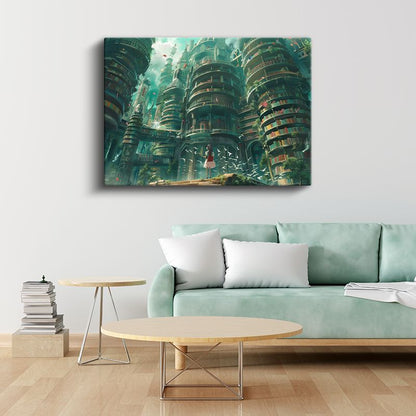 Kitap Kuleleri - Yeşil Şehir Anime Kanvas Tablo