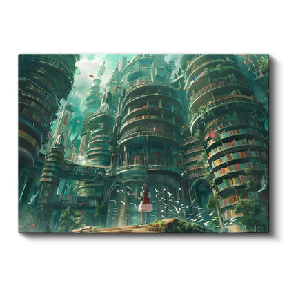 Kitap Kuleleri - Yeşil Şehir Anime Kanvas Tablo