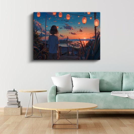 Deniz Feneri - Turuncu Fenerler Anime Kanvas Tablo