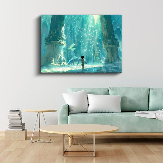 Antik Tapınak - Turkuaz Işıklar Anime Kanvas Tablo