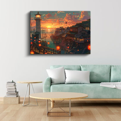 Liman Şehri - Turuncu Fenerler Anime Kanvas Tablo