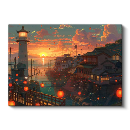 Liman Şehri - Turuncu Fenerler Anime Kanvas Tablo