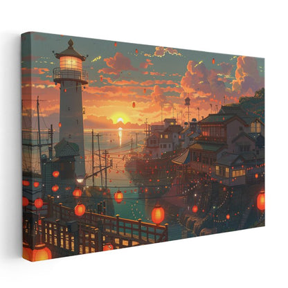 Liman Şehri - Turuncu Fenerler Anime Kanvas Tablo