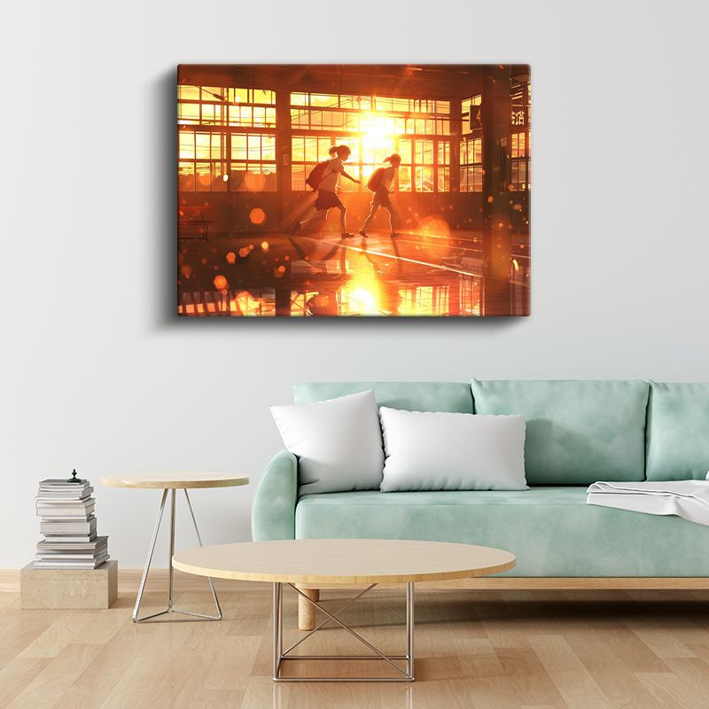 Okul Koridoru - Altın Günbatımı Anime Kanvas Tablo