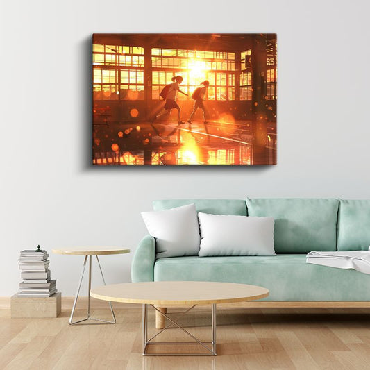 Okul Koridoru - Altın Günbatımı Anime Kanvas Tablo