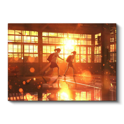 Okul Koridoru - Altın Günbatımı Anime Kanvas Tablo