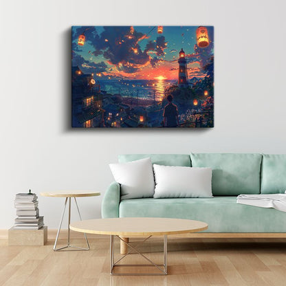 Deniz Feneri - Turuncu Fenerler Anime Kanvas Tablo