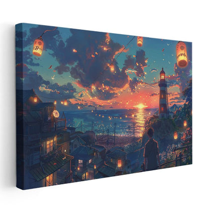 Deniz Feneri - Turuncu Fenerler Anime Kanvas Tablo