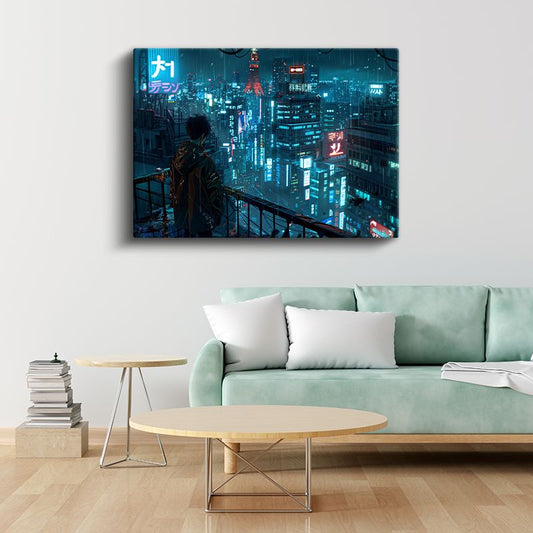 Neo Tokyo - Yağmurlu Gece Cyberpunk Anime Kanvas Tablo