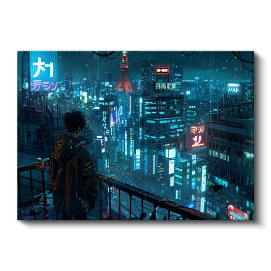 Neo Tokyo - Yağmurlu Gece Cyberpunk Anime Kanvas Tablo
