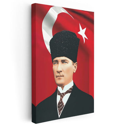 Türk Bayrağı Önünde Atatürk - Kalpak ve Resmi Kıyafet Kanvas Tablo
