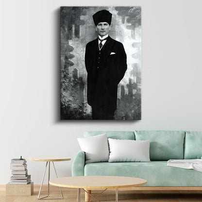 Siyah Beyaz Atatürk - Kalpak ve Klasik Duruş Kanvas Tablo