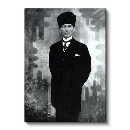 Siyah Beyaz Atatürk - Kalpak ve Klasik Duruş Kanvas Tablo