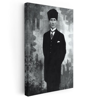 Siyah Beyaz Atatürk - Kalpak ve Klasik Duruş Kanvas Tablo