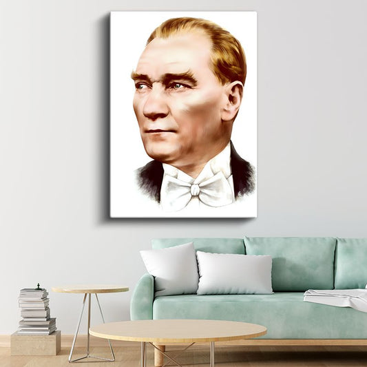 Beyaz Papyonlu Atatürk - Modern Çizgili Portre Kanvas Tablo