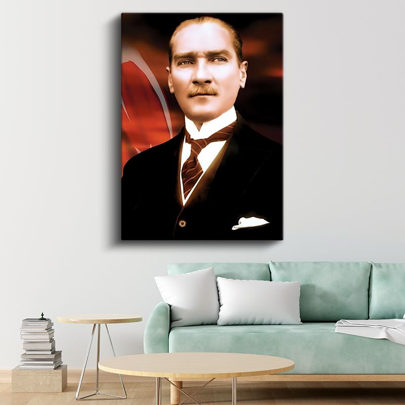Türk Bayrağı Fonlu Atatürk - Vizyon Sahibi Lider Kanvas Tablo