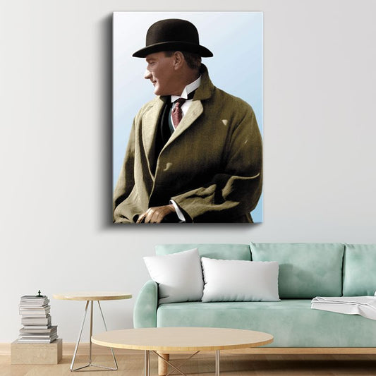Şapkalı Atatürk - Açık Renk Palto Portresi Kanvas Tablo